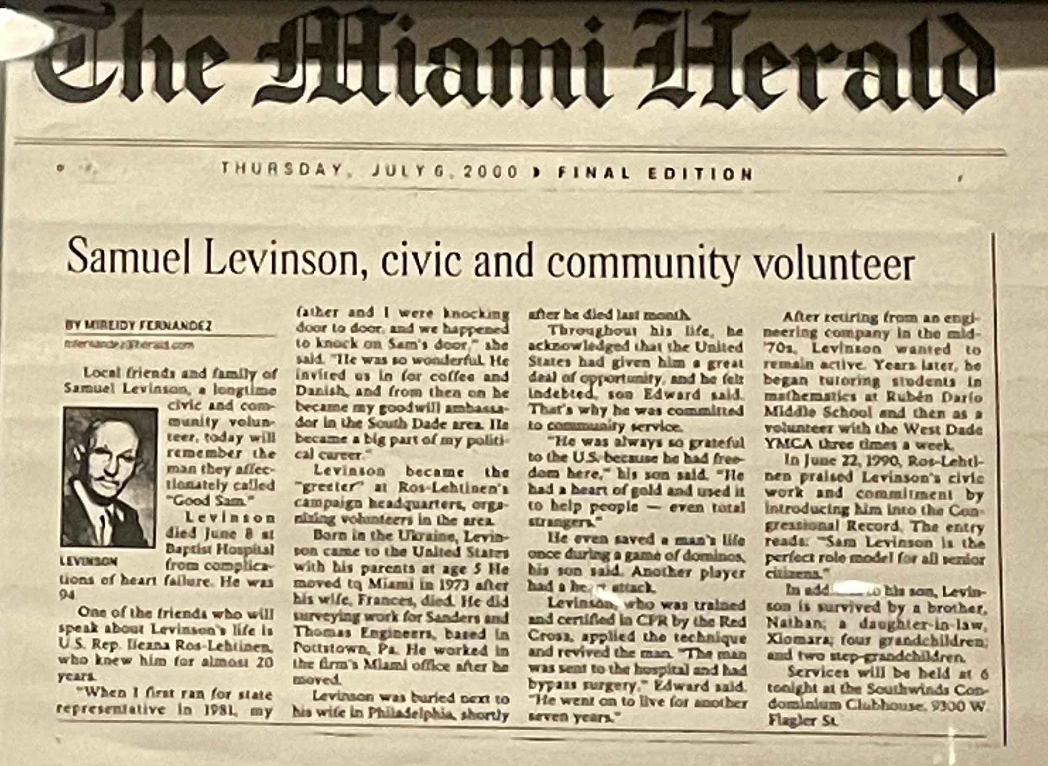 Newspaper clipping about Samuel Levinson